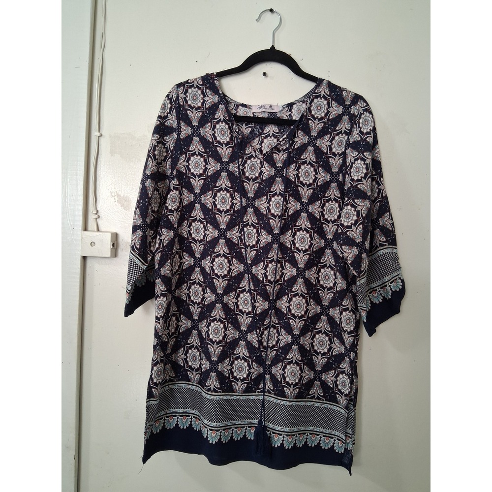 Blossom by P. Womens Navy Blue Medallion Print Tassel Tie Tunic Top Large